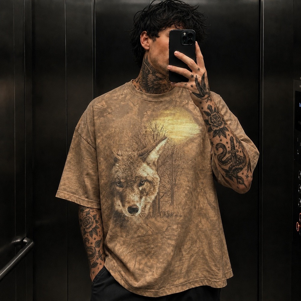 90s Y2K Vintage Fox Animal T Shirt Mens 2XL‎ Forest Moon Animal Graphic Tie Dye